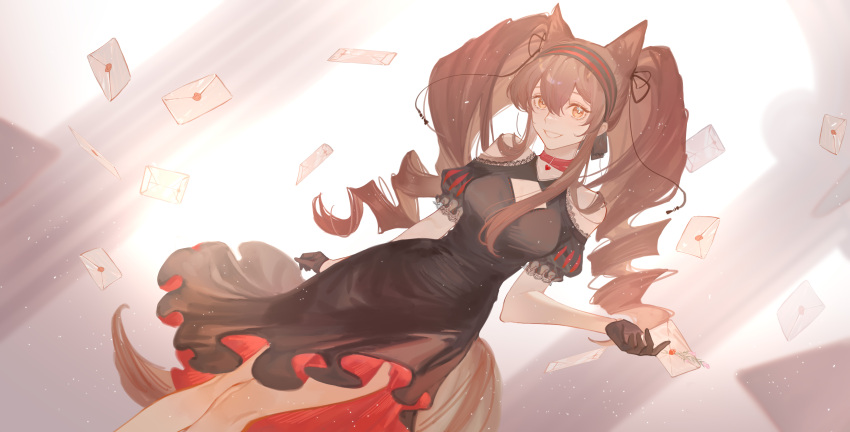 1girl absurdres angelina_(arknights) animal_ears arknights backlighting black_dress black_gloves black_ribbon blurry blurry_background brown_hair choker chongyou_pomelo cleavage_cutout clothing_cutout commentary_request dress drill_hair dust_particles dutch_angle evening_gown feet_out_of_frame fox_ears fox_girl fox_tail gloves hair_ribbon hairband hand_up heart highres lace_trim letter long_hair looking_at_viewer open_mouth orange_eyes puffy_short_sleeves puffy_sleeves red_choker red_dress ribbon short_sleeves shoulder_cutout smile solo striped striped_hairband tail twintails