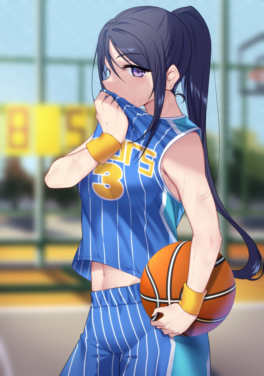1girl absurdres basketball basketball_uniform blue_hair blurry blurry_background breasts covering_mouth eyebrows_visible_through_hair highres jersey lifted_by_self long_hair looking_at_viewer love_live! love_live!_sunshine!! matsuura_kanan medium_breasts midriff_peek navel outdoors pinstripe_pattern ponytail shirt_lift shorts sleeveless solo sportswear striped tank_top uniform violet_eyes wristband yamaori_(yamaorimon)