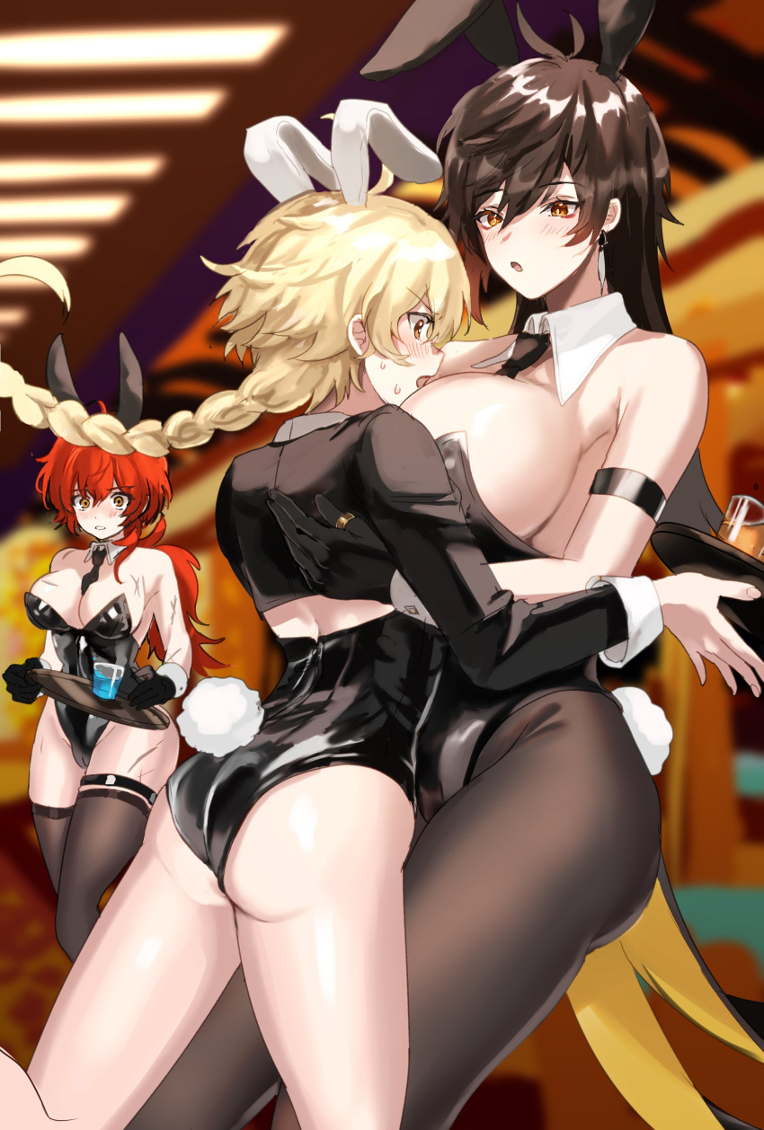 2girls absurdres aether_(genshin_impact) ahoge animal_ears arm_garter bare_shoulders black_gloves black_legwear blonde_hair blurry blurry_background blush braid braided_ponytail breasts brown_hair bunny_tail catching coattails commentary_request crop_top cup detached_collar diluc_ragnvindr earrings eyebrows_visible_through_hair fake_animal_ears fake_tail genderswap genderswap_(mtf) genshin_impact glass gloves gradient_hair hand_on_another's_back highres holding holding_tray huge_breasts jewelry large_breasts leg_garter leotard long_hair male_playboy_bunny multicolored_hair multiple_girls necktie open_mouth orange_hair pantyhose playboy_bunny playboy_bunny_leotard ponytail rabbit_ears redhead scar scar_on_arm scar_on_chest scar_on_leg single_earring sleeveless slipping strapless strapless_leotard sweat tail tassel tassel_earrings thigh-highs tray water wing_collar wrist_cuffs yavalley yellow_eyes zhongli_(genshin_impact)
