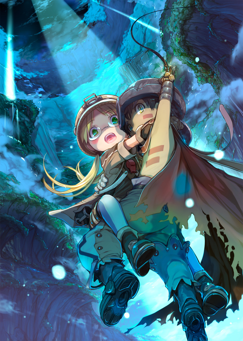 1boy 1girl blonde_hair boots cape carrying clouds commentary_request floating_hair glasses gloves green_eyes helmet highres light_rays low_twintails made_in_abyss mikazuki_akira! nature night open_mouth pants regu_(made_in_abyss) riko_(made_in_abyss) scenery shaded_face sky tongue twintails upper_teeth whistle yellow_eyes