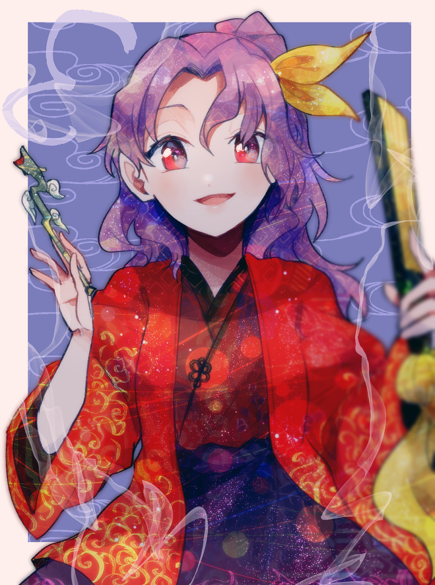 1girl :d blue_background hairband hand_up highres itomugi-kun japanese_clothes kimono komakusa_sannyo long_hair long_sleeves looking_at_viewer multicolored multicolored_clothes open_mouth pipe ponytail purple_hair red_eyes ribbon smile smoke solo touhou yellow_hairband yellow_ribbon