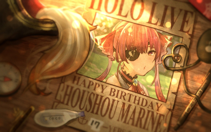 ascot brooch commentary_request compass english_text engrish_text eyebrows_behind_hair eyepatch happy_birthday hat highres hololive houshou_marine jewelry pirate_hat poster_(object) ranguage red_eyes red_neckwear redhead uni_hand virtual_youtuber