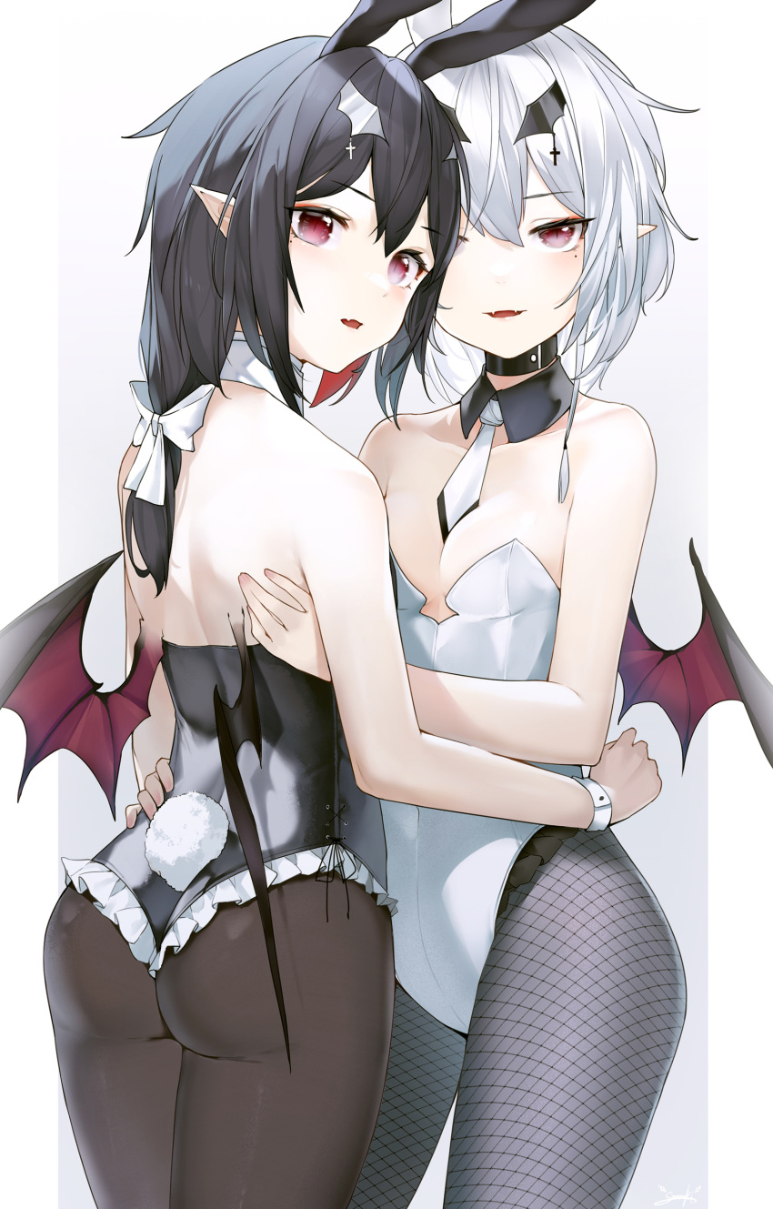 2girls absurdres animal_ears ass back bare_arms bare_shoulders black_choker black_hair black_legwear black_leotard breasts bunny_tail choker contrapposto covered_navel cowboy_shot detached_collar fake_animal_ears fake_tail fang fangs fishnet_legwear fishnets frilled_leotard frills highleg highleg_leotard highres hug leotard long_hair looking_at_viewer looking_back mole mole_under_eye multiple_girls necktie original pantyhose parted_lips playboy_bunny pointy_ears rabbit_ears red_eyes short_hair short_necktie sidelocks simple_background small_breasts snozaki standing strapless strapless_leotard tail white_background white_hair white_leotard wings wrist_cuffs