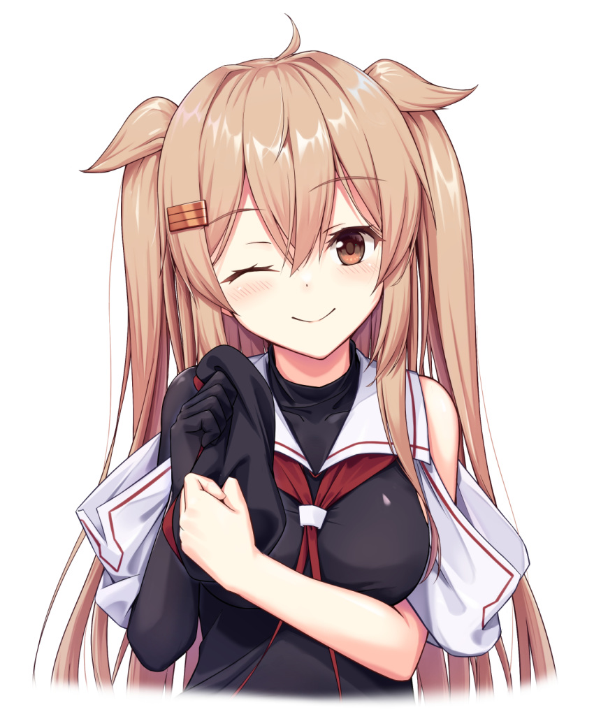 1girl asymmetrical_clothes bangs beret black_bodysuit black_headwear blush bodysuit breasts brown_eyes hair_between_eyes hair_flaps hair_ornament hairclip hat highres holding holding_clothes holding_hat kantai_collection kokenashi large_breasts light_brown_hair long_hair murasame_(kancolle) red_neckwear remodel_(kantai_collection) sailor_collar sidelocks simple_background smile solo two_side_up upper_body white_background white_sailor_collar