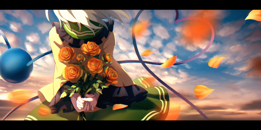 1girl arms_behind_back blue_sky bouquet clouds collar collared_shirt commentary_request dise falling_leaves flower frilled_collar frilled_sleeves frills from_behind green_skirt head_out_of_frame heart heart_of_string highres komeiji_koishi leaf letterboxed light_green_hair long_sleeves medium_hair outdoors rose shirt skirt sky solo third_eye touhou wavy_hair wide_sleeves yellow_shirt