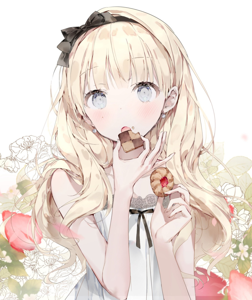 black_ribbon blonde_hair blue_eyes blush collarbone cookie copyright_request dress earrings eating eyebrows_visible_through_hair food food_on_face fruit hairband highres holding holding_food jewelry long_hair naizotan neck_ribbon open_mouth ribbon simple_background strawberry white_background white_dress