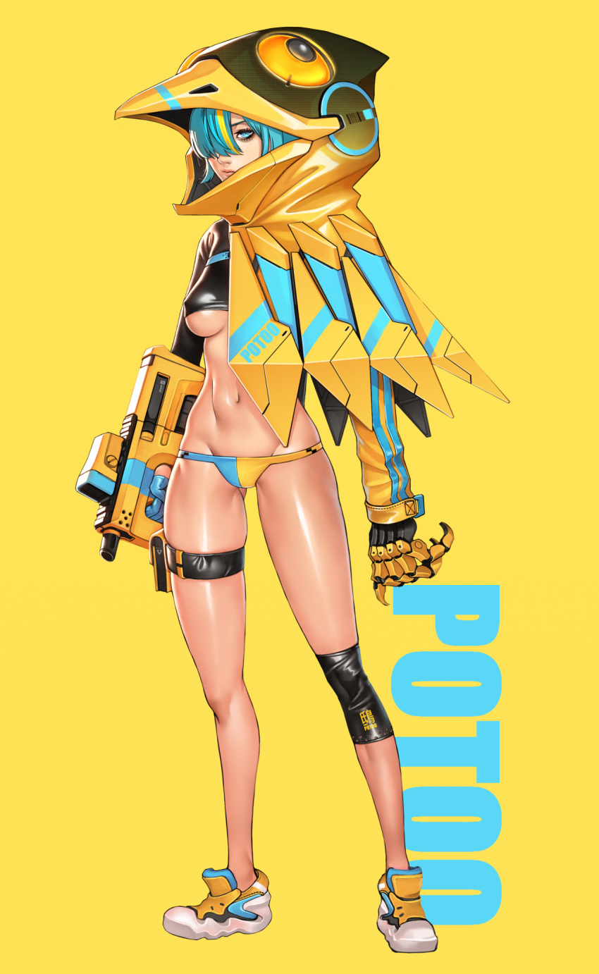 1girl aqua_hair asymmetrical_clothes bird_hood blonde_hair blue_eyes blue_gloves breasts bullpup commentary_request covered_nipples crop_top cyborg english_text full_body gloves groin gun hair_over_one_eye half_gloves highres holding holding_gun holding_weapon hood hoodie joints lips looking_at_viewer lowleg lowleg_panties machine_pistol mechanical_hands mechanical_wings medium_breasts multicolored_hair navel nose original panties robot_joints shiny shiny_skin shoes single_glove single_knee_pad single_mechanical_hand skindentation sneakers solo standing streaked_hair thigh_pouch toned two-tone_hair under_boob underwear weapon wei_(kaminari0411) wings yellow_background yellow_hoodie