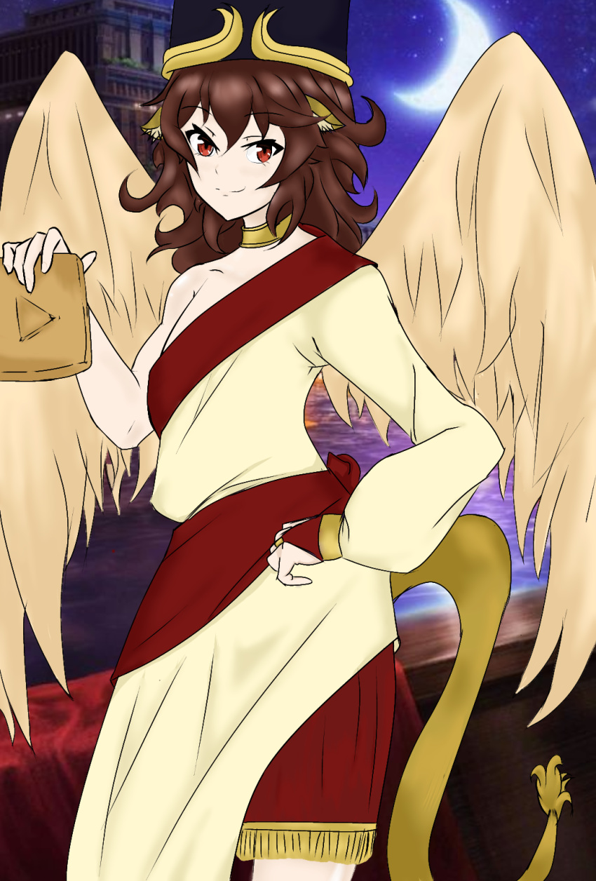 animal_ears arabian_clothes brown_hair hat highres lamassu lion lion_ears lion_tail long_hair red_eyes sumerian_mythology tail wings