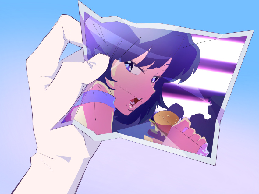aetherion bishoujo_senshi_sailor_moon blue_eyes blue_hair burger commentary derivative_work english_commentary food gloves gradient gradient_background highres lips mizuno_ami open_mouth parody photo_(object) pieces_of_sweet_stars screencap_redraw strap_slip tank_top tengen_toppa_gurren_lagann white_gloves