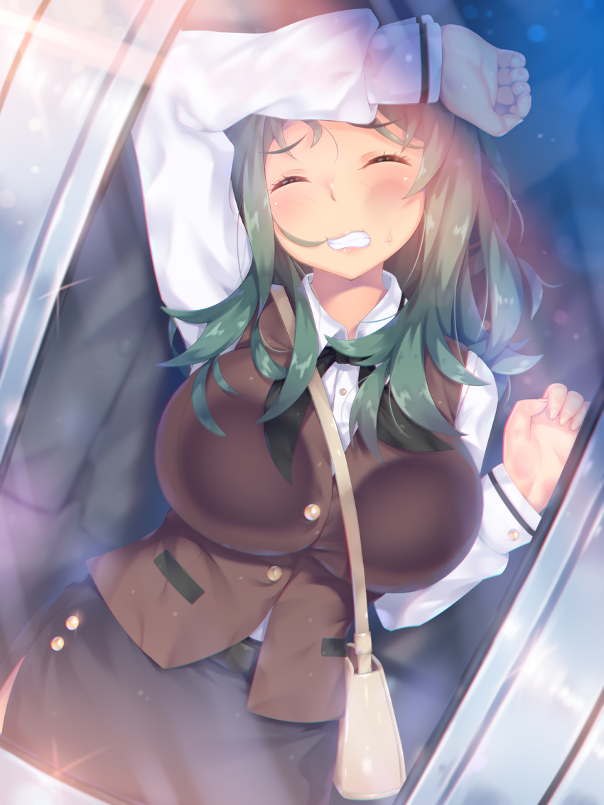 1girl a.x. against_glass arm_up bag bangs blush breast_press breasts breasts_on_glass buttons clenched_teeth green_hair ground_vehicle hand_on_glass hands_up highres large_breasts long_hair long_sleeves office_lady original shirt shoulder_bag skirt solo_focus sweat teeth train vest white_shirt window