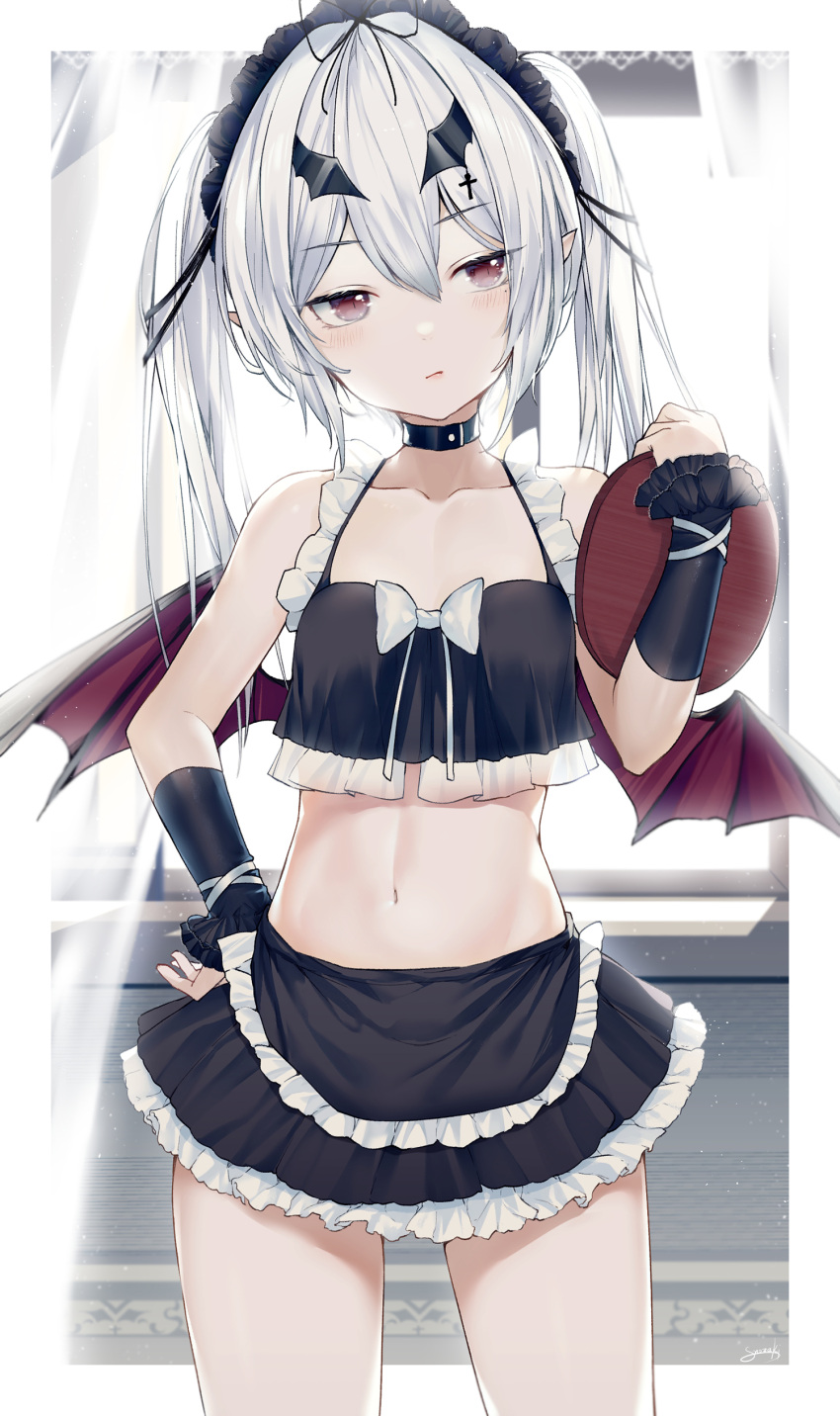 1girl absurdres bare_shoulders black_choker black_shirt black_skirt choker closed_mouth collarbone cowboy_shot crop_top frilled_shirt frilled_skirt frills hair_between_eyes hair_ornament hand_on_hip hand_up highres holding long_hair looking_at_viewer maid maid_headdress midriff miniskirt mole mole_under_eye navel original pointy_ears red_eyes revealing_clothes shirt sidelocks skirt sleeveless sleeveless_shirt slit_pupils snozaki solo standing stomach thighs twintails white_hair wings