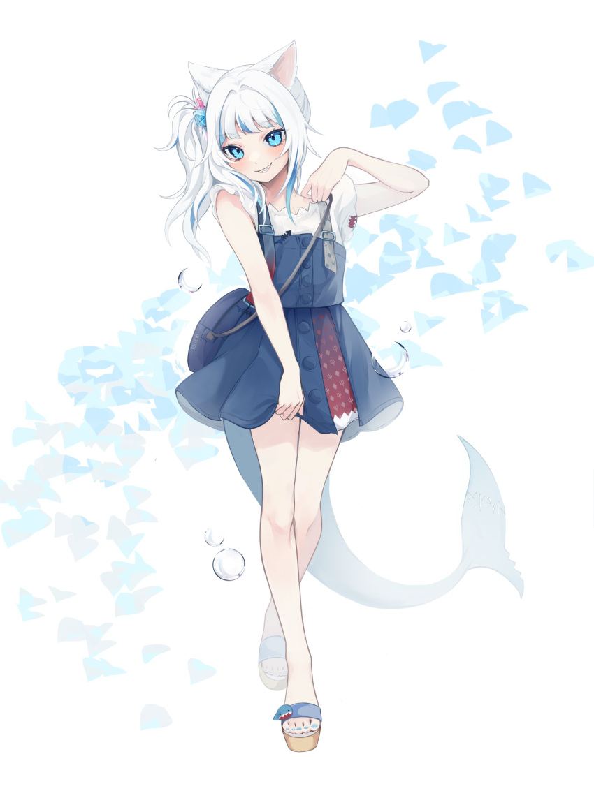 1girl absurdres animal_ears bag blue_dress blue_eyes blue_hair cat_ears commentary dress english_commentary fish_tail full_body gawr_gura highres hololive hololive_english legs long_hair looking_at_viewer multicolored_hair sandals shark_tail sharp_teeth short_sleeves side_ponytail smile solo standing tail teeth toes two-tone_hair virtual_youtuber white_hair yoclesh