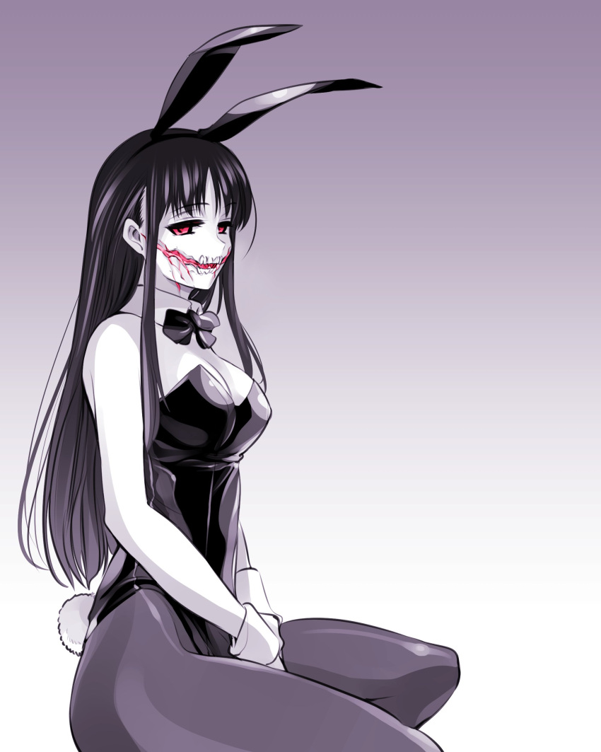 1girl absurdres animal_ears bare_shoulders bow bowtie bunny_tail commentary detached_collar fake_animal_ears fake_tail glasgow_smile hands_together highres ishiyumi kuchisake-onna_(ishiyumi) leotard long_hair monochrome original playboy_bunny purple_theme rabbit_ears red_eyes sidelocks sleeveless solo spot_color strapless strapless_leotard tail wing_collar wrist_cuffs