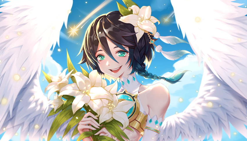 1boy alternate_costume androgynous bangs bare_shoulders black_hair blue_hair braid clouds cloudy_sky collarbone comet crop_top day elbow_gloves feathered_wings feathers flower genshin_impact gloves gradient_hair green_eyes hair_flower hair_ornament holding holding_flower leaf light_particles looking_at_viewer male_focus multicolored_hair open_mouth outdoors short_hair_with_long_locks sky sleeveless smile solo twin_braids venti_(genshin_impact) white_flower white_gloves wings yunduan