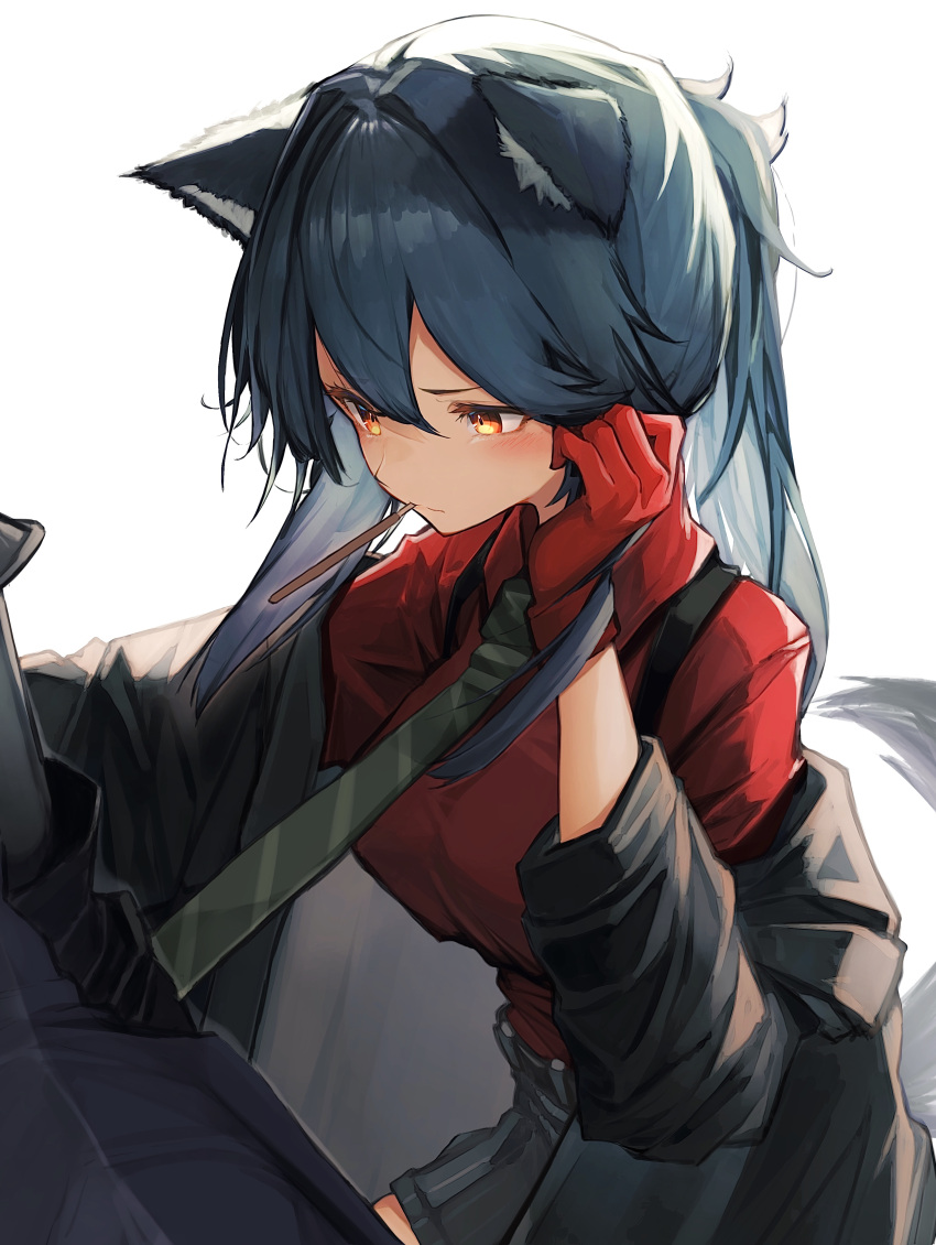 1girl 1other absurdres animal_ear_fluff animal_ears arknights black_coat black_hair black_neckwear black_shorts blush breasts coat doctor_(arknights) dutch_angle food food_in_mouth girl_on_top gloves highres long_hair long_sleeves looking_at_another medium_breasts mouth_hold necktie open_clothes open_coat pocky ponytail red_eyes red_gloves shorts simple_background solo_focus striped striped_neckwear tab_head tail texas_(arknights) white_background wolf_ears wolf_girl wolf_tail