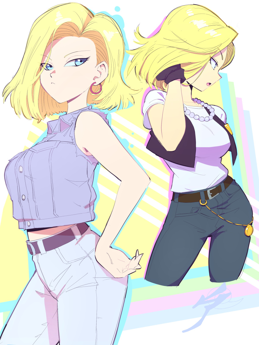 1girl absurdres aetherion android_18 bead_necklace beads belt blonde_hair blue_eyes breasts contrapposto cropped_vest denim_vest dragon_ball dragon_ball_z earrings gloves hand_in_hair hand_on_hip highres hoop_earrings jewelry large_breasts necklace solo torn_vest vest