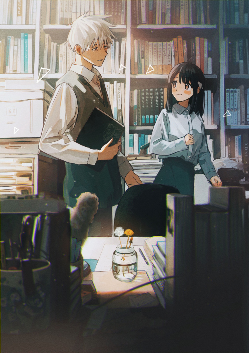 1boy 1girl ahoge black_hair blue_shirt blurry blurry_foreground blush book bookshelf brown_eyes brown_sweater_vest chair closed_mouth collared_shirt commentary_request day desk dress_shirt dust_particles flower hand_up highres holding holding_book indoors long_sleeves looking_at_another medium_hair office office_chair open_collar original pen printer shirt short_hair smile spiky_hair sunlight tadano_(toriaezu_na_page) triangle white_hair white_shirt