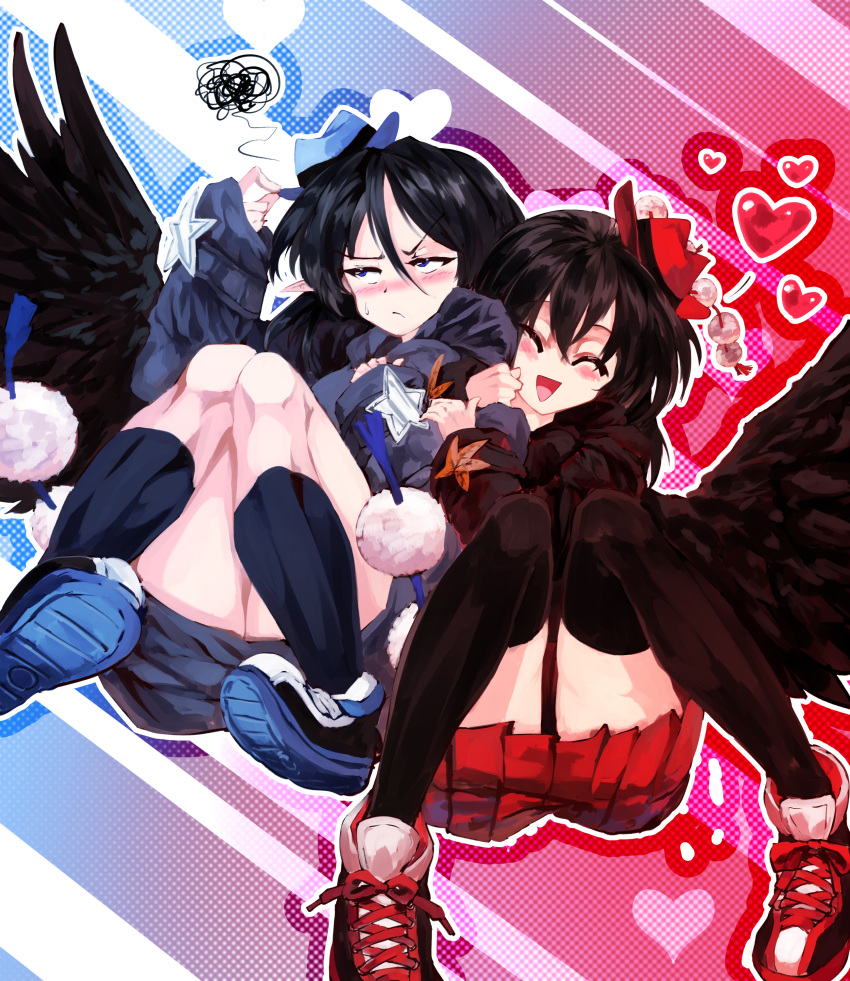 2girls absurdres alternate_costume blush closed_eyes heart highres iizunamaru_megumu miniskirt multiple_girls shameimaru_aya shoes skirt socks sunyup thigh-highs touhou tsundere wings