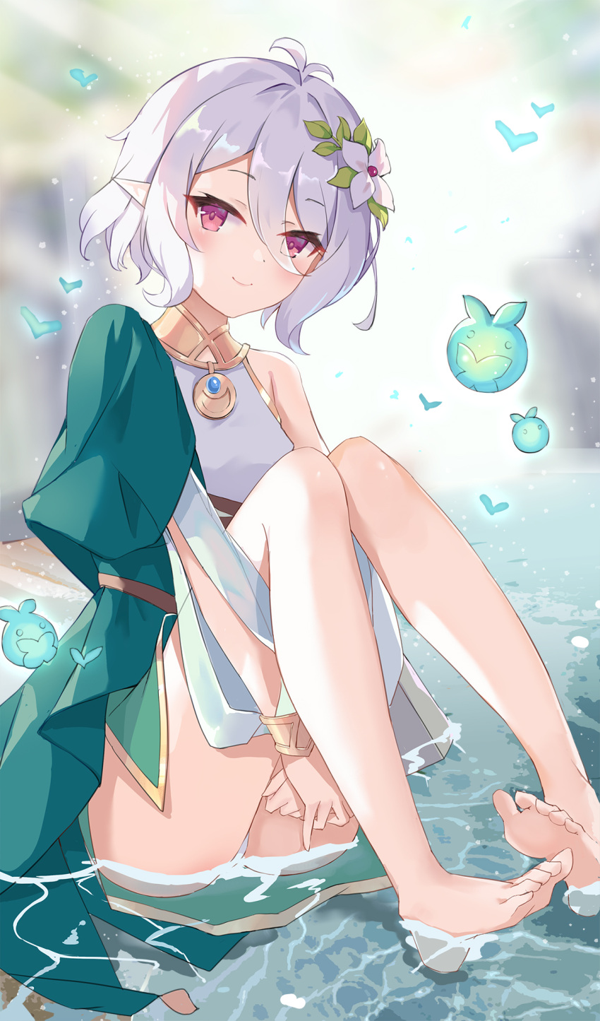 1girl antenna_hair bangs bare_legs barefoot blush commentary_request dress eyebrows_visible_through_hair feet full_body green_dress hair_between_eyes highres knees_up kokkoro_(princess_connect!) leg_hug legs long_sleeves looking_at_viewer princess_connect! princess_connect!_re:dive red_eyes serika short_hair silver_hair single_bare_shoulder sitting smile soles solo toes two-tone_dress water white_dress