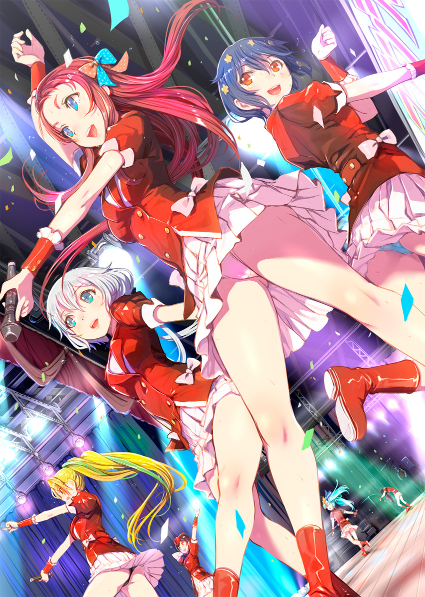 1boy 6+girls :d aqua_eyes blonde_hair blue_eyes blue_hair boots bow commentary_request confetti dancing floating_hair hair_bow highres hoshikawa_lily idol jacket konno_junko long_hair mikazuki_akira! minamoto_sakura mizuno_ai multiple_girls nikaidou_saki open_mouth outstretched_arms panties pantyshot ponytail profile puffy_short_sleeves puffy_sleeves red_eyes red_footwear red_jacket short_hair short_sleeves silver_hair skirt smile stage stage_lights tatsumi_koutarou thighs twintails underwear white_bow white_skirt yamada_tae yuugiri_(zombie_land_saga) zombie_land_saga zombie_pose