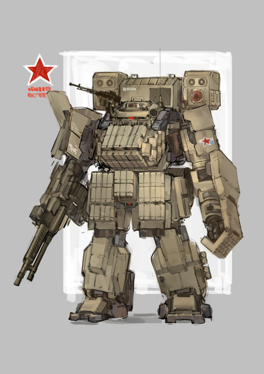 english_commentary full_body grey_background gun highres holding holding_gun holding_shield holding_weapon mecha one-eyed original red_eyes shield solo standing star_(symbol) turret weapon xerbatt