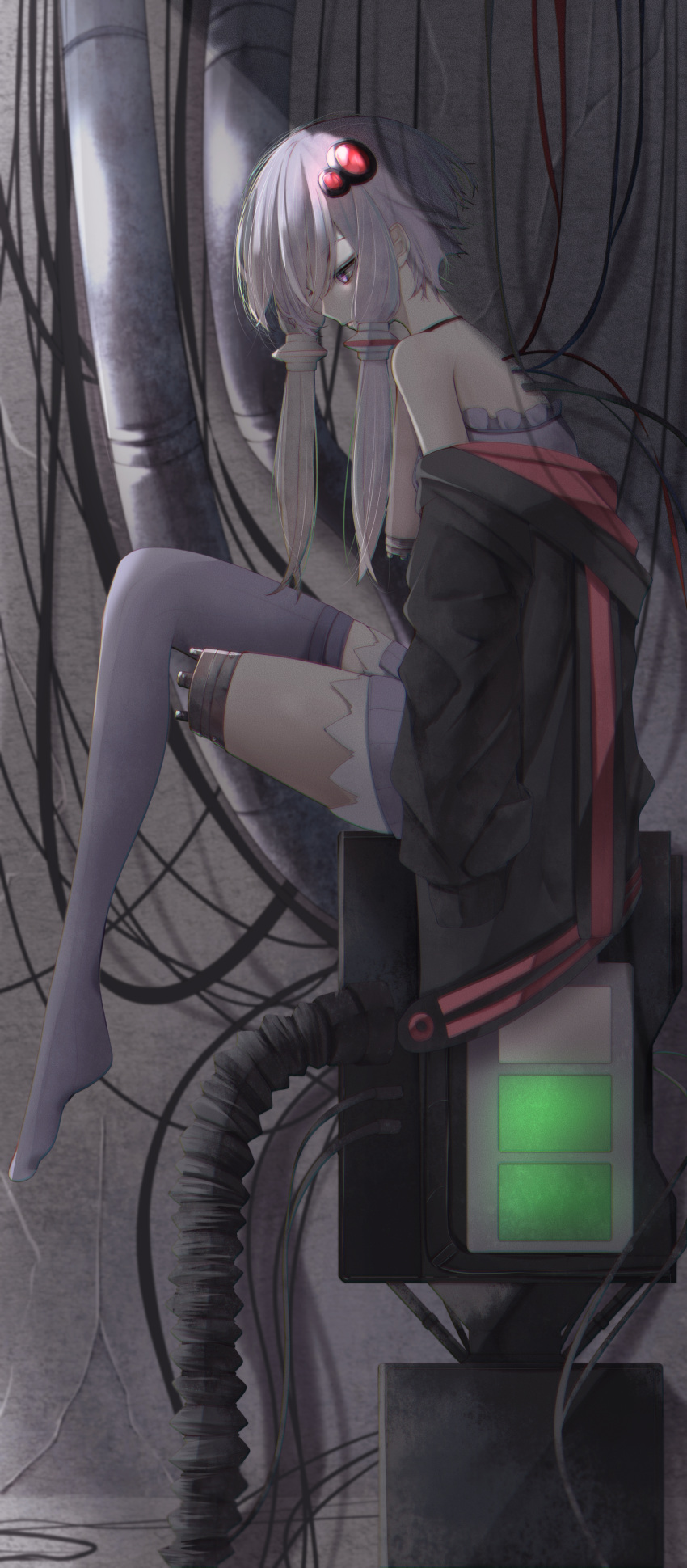 1girl absurdres amputee black_jacket eyebrows_visible_through_hair full_body hair_ornament highres jacket legs long_hair long_sleeves looking_down low_twintails machine mecha_musume purple_hair purple_legwear sitting sleeves_past_fingers sleeves_past_wrists solo thigh-highs tsune_(tune) twintails violet_eyes voiceroid yuzuki_yukari