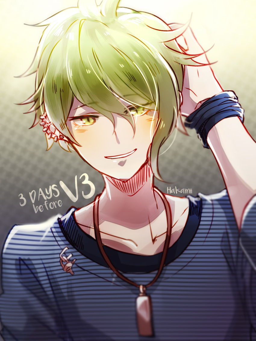 1boy amami_rantarou bangs blue_shirt collarbone dangan_ronpa_(series) dangan_ronpa_v3:_killing_harmony earrings english_commentary green_eyes green_hair grey_background hair_between_eyes hakamii hand_in_hair hand_up highres jewelry looking_at_viewer male_focus necklace parted_lips portrait shirt short_hair sleeves_past_elbows smile solo striped striped_shirt teeth upper_body wristband