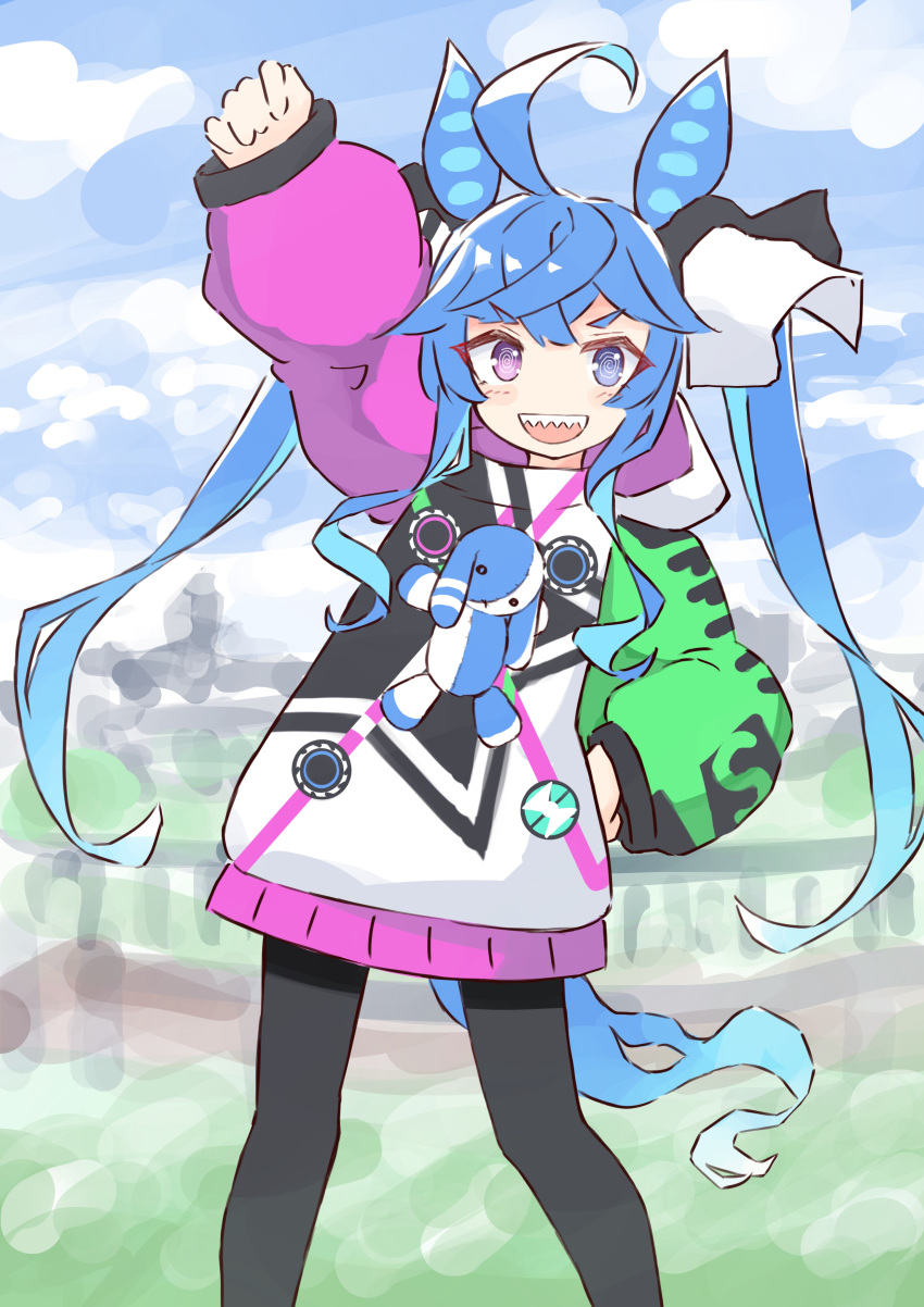 1girl :d absurdres ahoge animal_ears arm_up bangs black_legwear blue_eyes blue_hair commentary_request day eyebrows_visible_through_hair feet_out_of_frame hand_on_hip heterochromia highres hood hood_down hoodie horse_ears horse_girl horse_tail ichi long_hair long_sleeves looking_at_viewer open_mouth outdoors pantyhose puffy_long_sleeves puffy_sleeves sharp_teeth short_eyebrows smile solo standing tail teeth thick_eyebrows twin_turbo_(umamusume) twintails umamusume very_long_hair violet_eyes white_hoodie