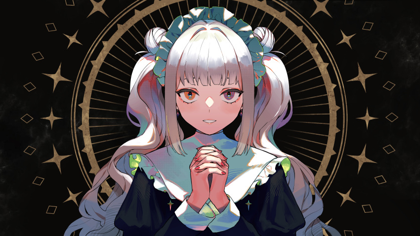 1girl absurdres backlighting bangs black_background black_dress bonnet double_bun dress grin hands_together highres kagura_gumi kagura_mea light_frown looking_at_viewer mira_(vocaloid) nail_polish nun official_art praying rakuichi red_nails smile solo teeth twintails upper_body virtual_youtuber white_hair yellow_eyes