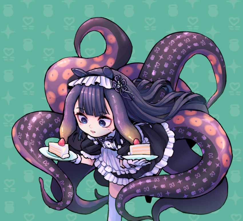 1girl alternate_costume animal_ears bangs blue_eyes cake chuo8008 dress enmaided eyeliner food gloves highres hololive hololive_english long_hair maid maid_headdress makeup ninomae_ina'nis parted_lips plate purple_hair solo sweatdrop tentacles thigh-highs virtual_youtuber white_gloves white_legwear