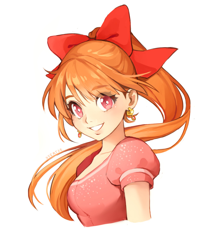 1girl bangs blossom_(ppg) bow cropped_torso eyebrows_visible_through_hair floating_hair hair_behind_ear hair_bow highres juliet_sleeves long_hair long_sleeves orange_hair pink_eyes pink_shirt ponytail powerpuff_girls puffy_sleeves red_bow shirt short_sleeves smile solo syertse upper_body white_background