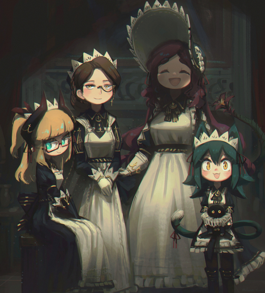 4girls :3 :d ^_^ absurdres animal animal_ears bangs blonde_hair blunt_bangs bonnet braid brown_hair cat cat_ears cat_girl cat_tail closed_eyes commentary crown_braid earrings english_commentary facing_viewer flareze_(porforever) glasses gloves green_hair hair_between_eyes hair_bun highres holding holding_animal holding_cat horns indoors jewelry long_hair looking_at_viewer maid maid_day maid_headdress monocle multiple_girls open_mouth original porforever red-framed_eyewear redhead ribbon semi-rimless_eyewear sitting smile standing tail tail_ornament tail_ribbon two_side_up under-rim_eyewear white_gloves yellow_eyes