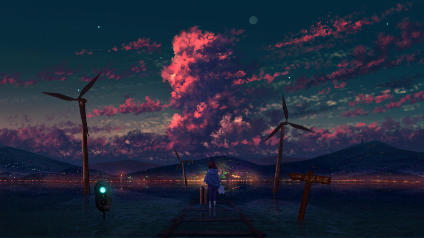 1girl aqua_sky barefoot black_pants clouds commentary_request cumulonimbus_cloud dithering evening facing_away from_behind full_moon highres hill holding holding_clothes holding_footwear hood hood_down hoodie lighthouse luggage moon original outdoors pants railroad_tracks red_clouds redhead ripples road_sign scenery shoes_removed shuu_illust sign sky solo traffic_light very_wide_shot wading walking wind_turbine