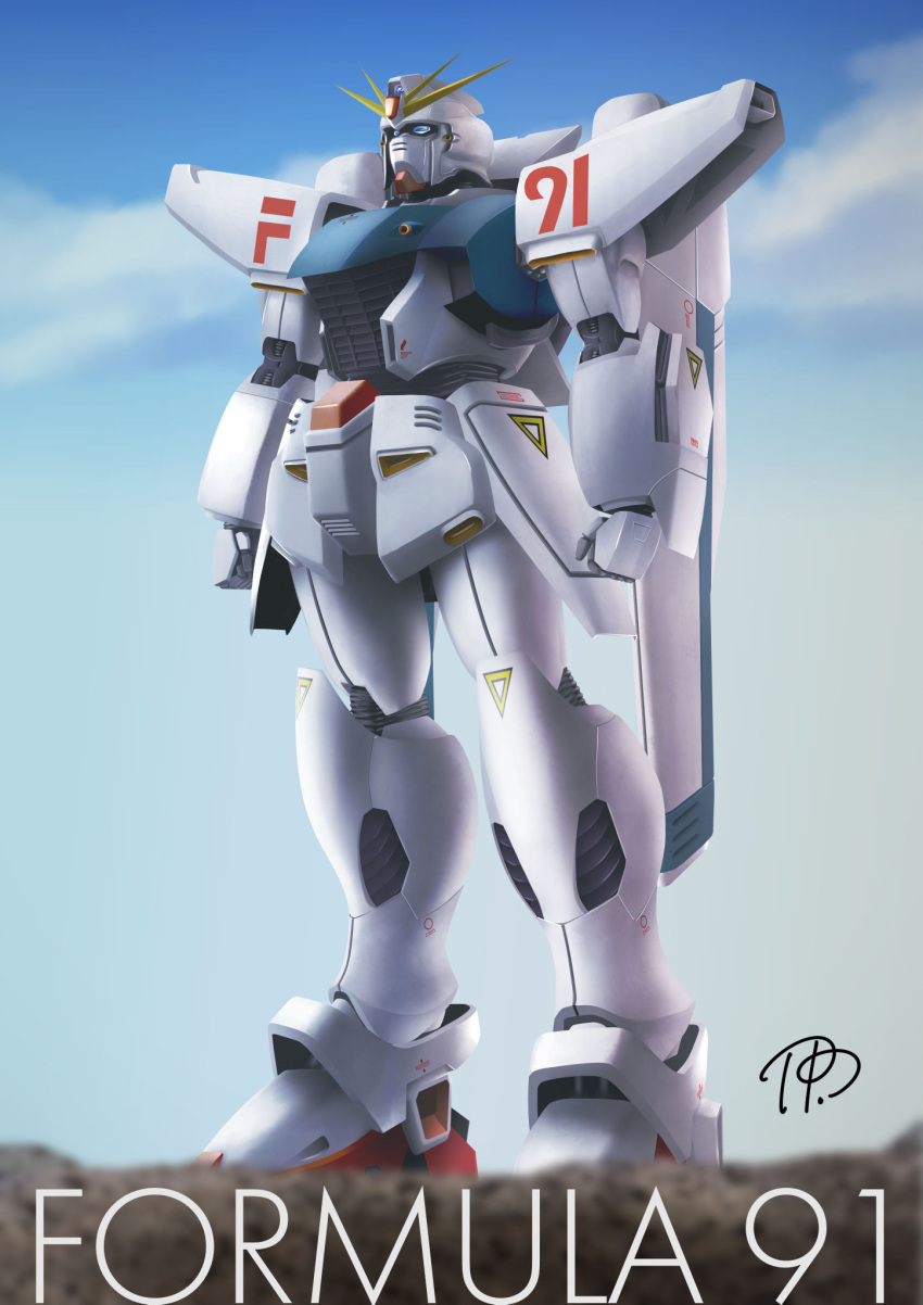 blue_sky cannon character_name clouds cloudy_sky day f91_gundam gachiling ground gun gundam gundam_f91 highres machine_gun mecha no_humans outdoors signature sky thrusters weapon