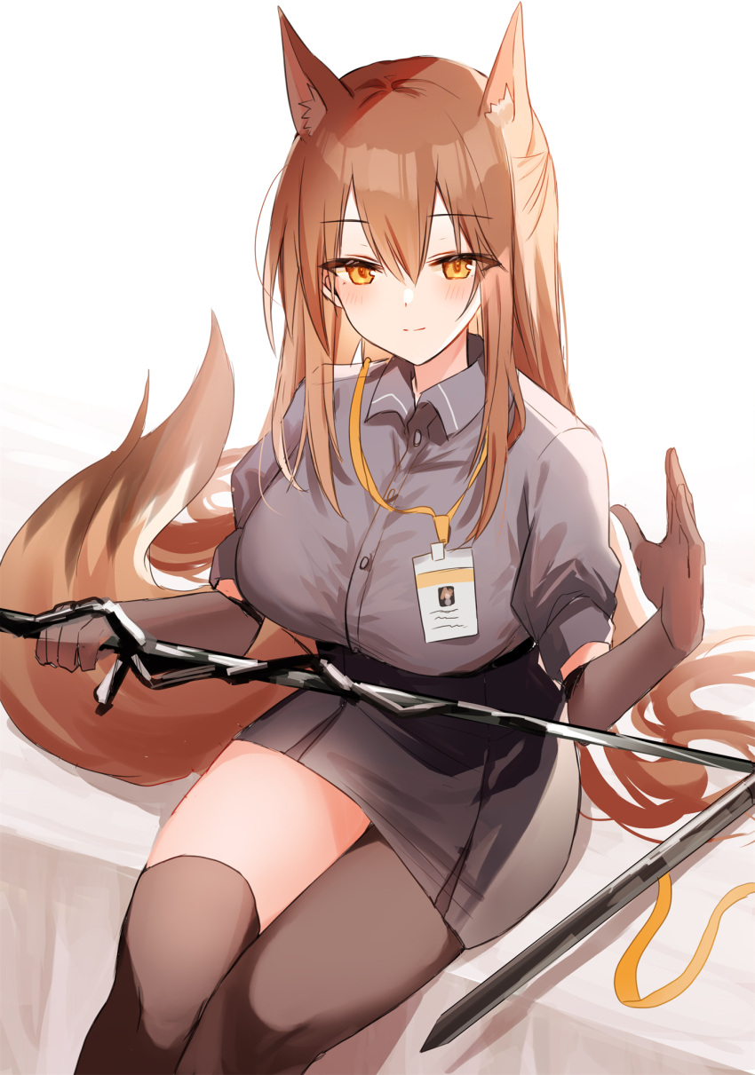 1girl animal_ears arknights black_gloves black_legwear black_shirt black_skirt brown_hair commentary elbow_gloves extra_ears eyebrows_visible_through_hair fox_ears fox_girl fox_tail franka_(arknights) gloves highres holding holding_sword holding_weapon id_card kinona long_hair looking_at_viewer mismatched_legwear orange_eyes rapier shirt single_thighhigh sitting skirt solo sword tail thigh-highs weapon white_background