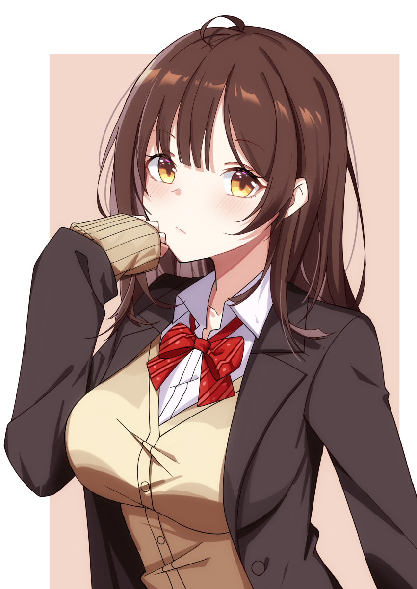 1girl absurdres beige_cardigan black_jacket blazer blush bow bowtie breasts brown_hair cardigan closed_mouth commentary hige_wo_soru._soshite_joshikousei_wo_hirou. highres jacket large_breasts long_hair long_sleeves looking_at_viewer miuna_(498475051) ogiwara_sayu open_clothes open_jacket red_neckwear school_uniform sleeves_past_fingers sleeves_past_wrists solo upper_body yellow_eyes