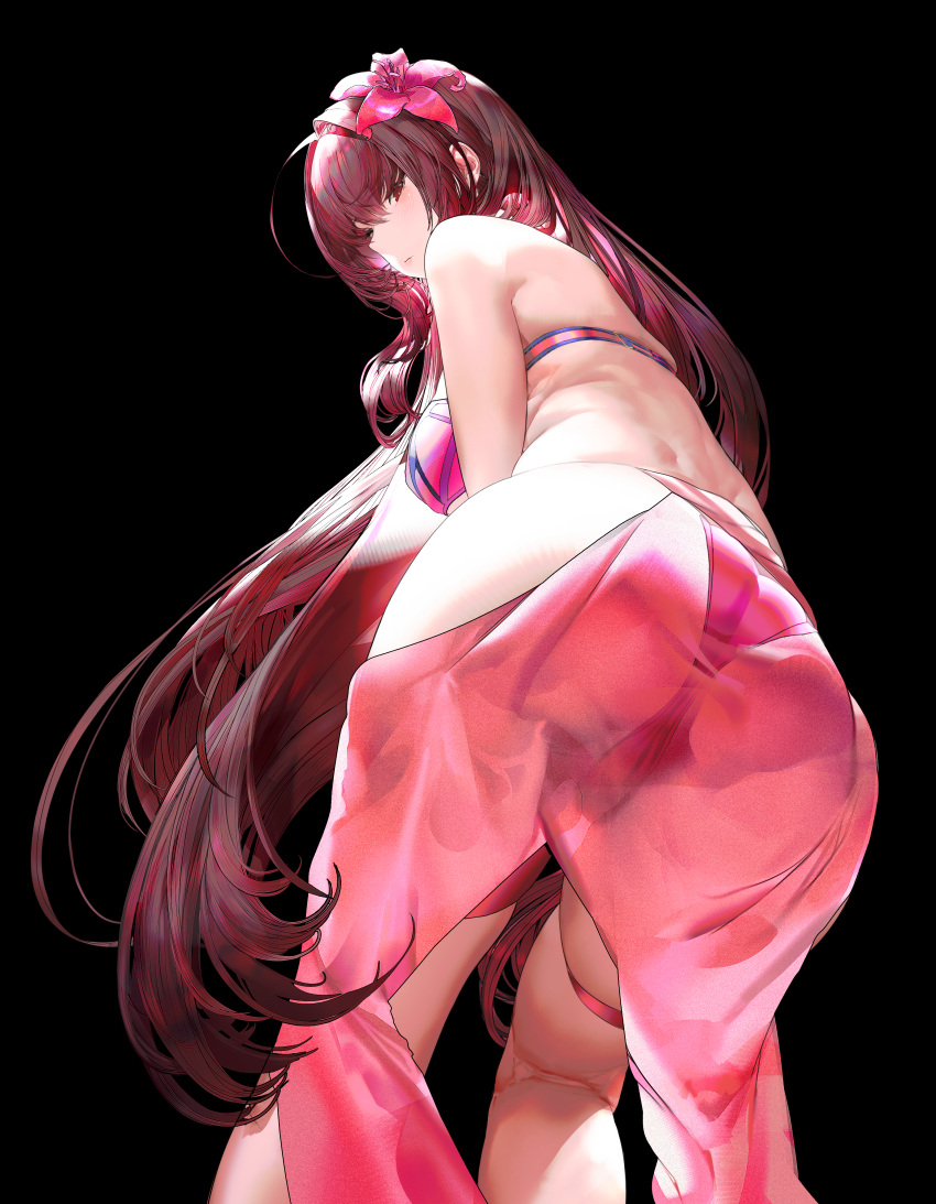 1girl absurdres ass back bangs bare_shoulders bikini black_background bracelet breasts fate/grand_order fate_(series) flower hair_between_eyes hair_flower hair_ornament hibiscus highres huge_filesize jewelry large_breasts long_hair looking_at_viewer looking_back purple_bikini purple_hair red_eyes scathach_(fate)_(all) scathach_(swimsuit_assassin)_(fate) swimsuit thighs xlnosearch_(xlxiaoluodiaofa)