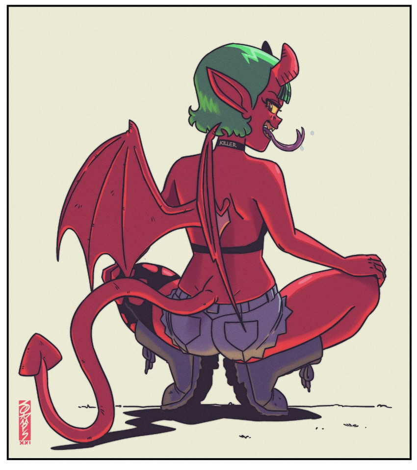 1girl boots border colored_sclera colored_skin demon_girl demon_horns demon_tail demon_wings forked_tongue from_behind full_body green_hair halter_top halterneck highres horns looking_back original pointy_ears red_eyes red_skin ryan_jampole shadow sharp_teeth short_hair short_shorts shorts signature single_thighhigh solo spread_legs tail teeth thigh-highs tongue torn_clothes torn_legwear white_border wings yellow_sclera