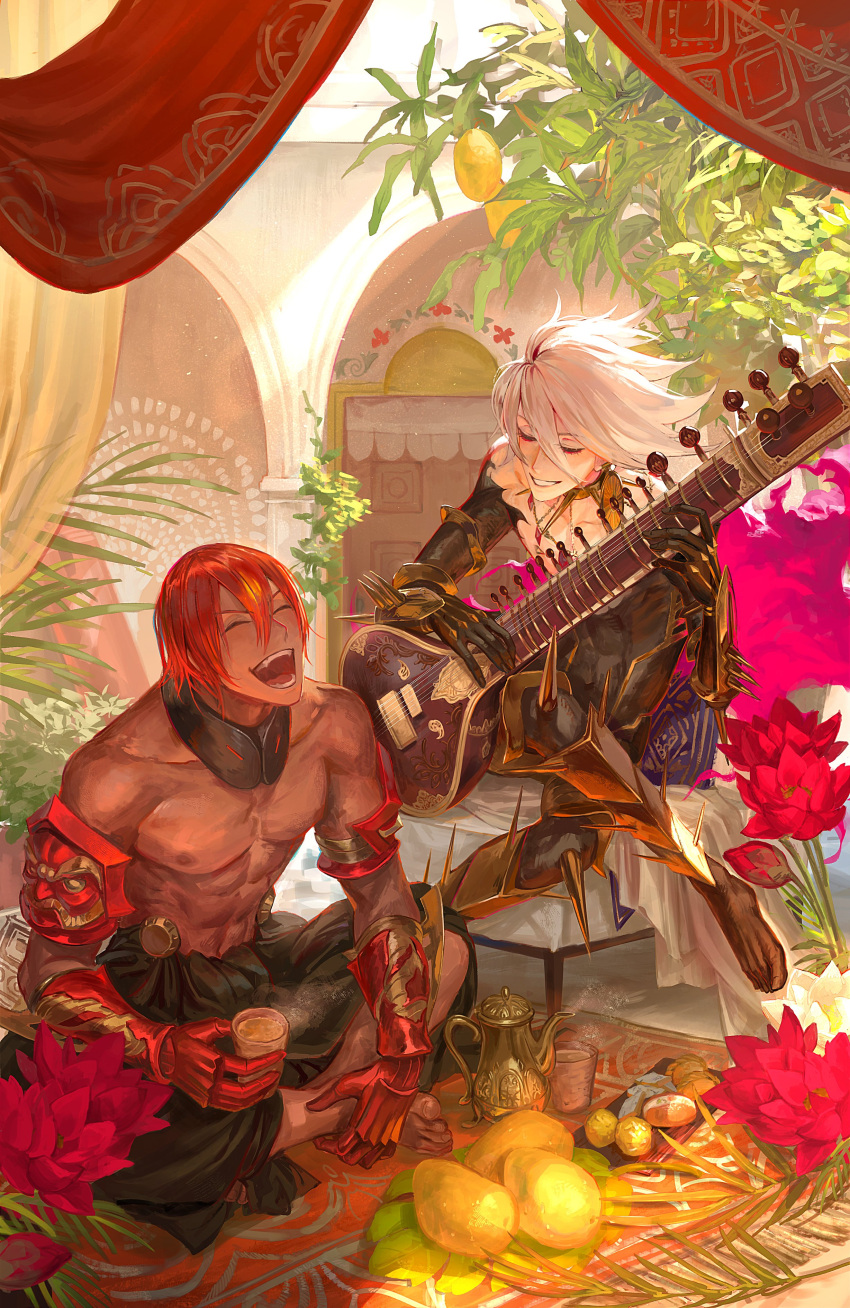 2boys absurdres ashwatthama_(fate) bodysuit closed_eyes collar commentary_request crossed_legs dark_skin earrings egawa_akira fate/apocrypha fate/grand_order fate_(series) flower food fruit gauntlets grin hair_between_eyes highres indian_style instrument jewelry karna_(fate) laughing male_focus multiple_boys music pitcher playing_instrument redhead sitar sitting smile spiked_collar spikes tree white_hair