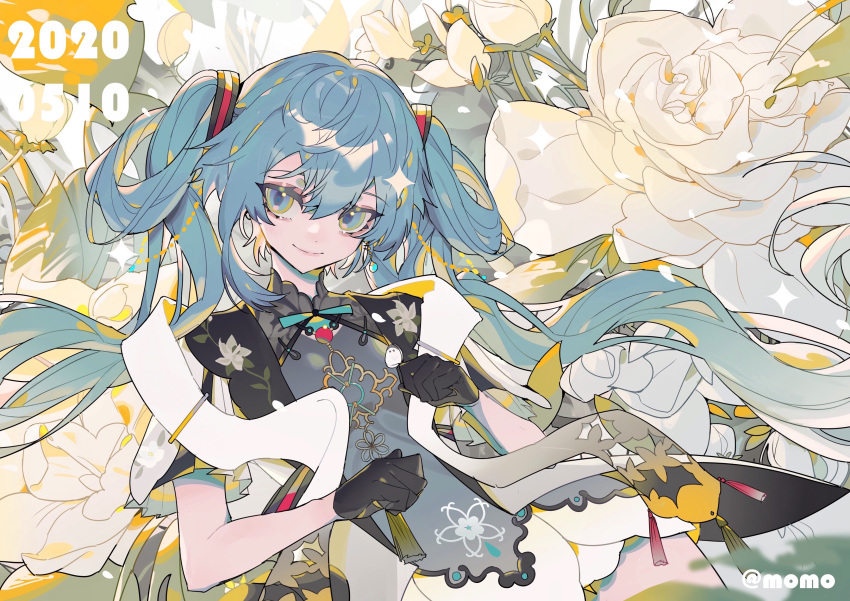 1girl absurdres blue_eyes blue_hair blush china_dress chinese_clothes clenched_hands dated dress flower gloves green_eyes hair_ornament hatsune_miku highres jewelry long_hair looking_to_the_side ringed_eyes shawl short_sleeves single_earring smile solo taowu_(20809) very_long_hair vocaloid