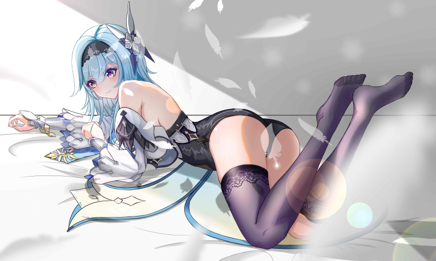 1girl absurdres ass bare_shoulders breasts eula_(genshin_impact) feathers feet full_body genshin_impact hair_ornament hairband highres kujuu_(zacu2523) leotard long_sleeves lying on_stomach sideboob smile thigh-highs toes violet_eyes wide_sleeves