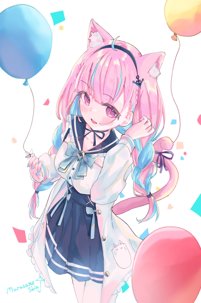 1girl absurdres ahoge animal_ears balloon blue_hair blue_skirt blue_sky blush braid breasts cat_ears cat_girl cat_tail colored_inner_hair commentary_request frilled_sailor_collar frills hairband highres holding holding_balloon hololive huge_filesize long_sleeves looking_at_viewer medium_breasts minato_aqua multicolored_hair pink_eyes pink_hair sailor_collar school_uniform serafuku shin_murasame shirt skirt sky smile solo tail twin_braids twintails virtual_youtuber white_shirt