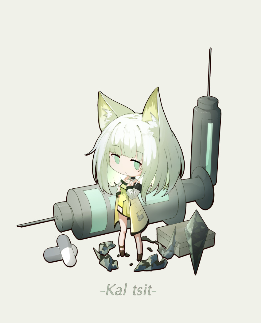 1girl absurdres animal_ear_fluff animal_ears arknights bangs bare_shoulders chibi chinese_commentary closed_mouth commentary detached_collar dress eyebrows_visible_through_hair full_body green_dress green_eyes green_hair hand_up highres huizhiyin jacket jewelry kal'tsit_(arknights) long_sleeves lynx_ears off-shoulder_dress off_shoulder pill short_hair solo standing syringe