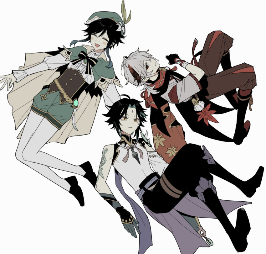 3boys ahoge aqua_hair arm_tattoo az192837465 bandages bangs bead_necklace beads black_gloves black_hair braid closed_eyes closed_mouth eyebrows_visible_through_hair facial_mark flower forehead_mark genshin_impact gloves green_headwear grey_hair hair_between_eyes hat hat_flower highres jewelry kazuha_(genshin_impact) leaf leaf_print long_sleeves male_focus multicolored_hair multiple_boys necklace open_mouth red_eyes redhead shorts side_braids simple_background smile tassel tattoo venti_(genshin_impact) vision_(genshin_impact) white_background white_flower xiao_(genshin_impact) yellow_eyes