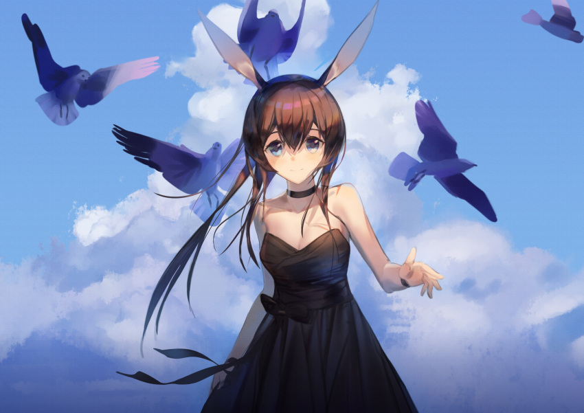 1girl amiya_(arknights) animal_ears arknights bangs bare_shoulders bird black_choker black_dress blue_eyes blush breasts brown_hair cattondoll choker clouds commentary day dress hair_between_eyes highres long_hair looking_at_viewer medium_breasts rabbit_ears sky sleeveless sleeveless_dress smile solo strapless strapless_dress