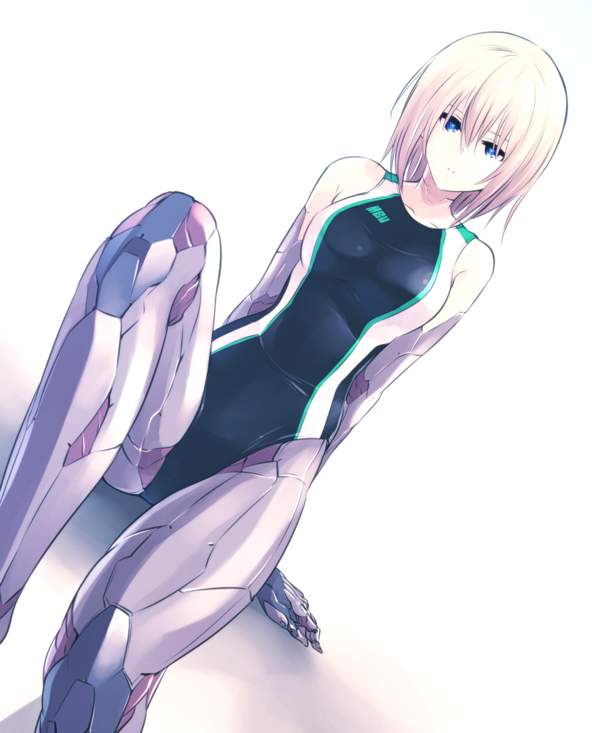 1girl absurdres android bare_shoulders blue_eyes collarbone commentary competition_swimsuit expressionless hair_between_eyes highres ishiyumi joints mechanical_arms mechanical_buddy_universe mechanical_legs momdroid_(mechanical_buddy_universe) one-piece_swimsuit platinum_blonde_hair robot_joints science_fiction short_hair solo swimsuit
