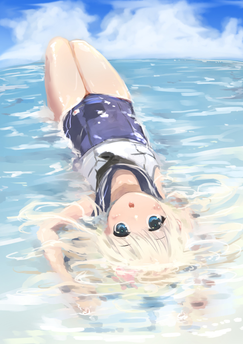 1girl absurdres beach blonde_hair blue_eyes commentary_request crop_top flower fyuo hair_flower hair_ornament highres kantai_collection long_hair looking_at_viewer lying ocean on_back one-piece_swimsuit open_mouth partially_submerged ro-500_(kancolle) sailor_collar school_swimsuit school_uniform solo swimsuit swimsuit_under_clothes tan water