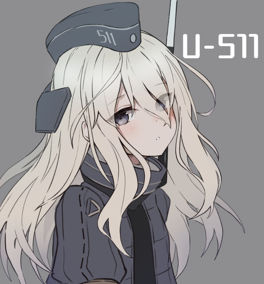 1girl black_dress blonde_hair blue_eyes blush character_name commentary_request cropped_jacket dress garrison_cap grey_background grey_headwear grey_jacket hat highres jacket kantai_collection long_hair puffy_short_sleeves puffy_sleeves short_sleeves simple_background solo takanashi_kei_(hitsujikan) u-511_(kancolle) upper_body