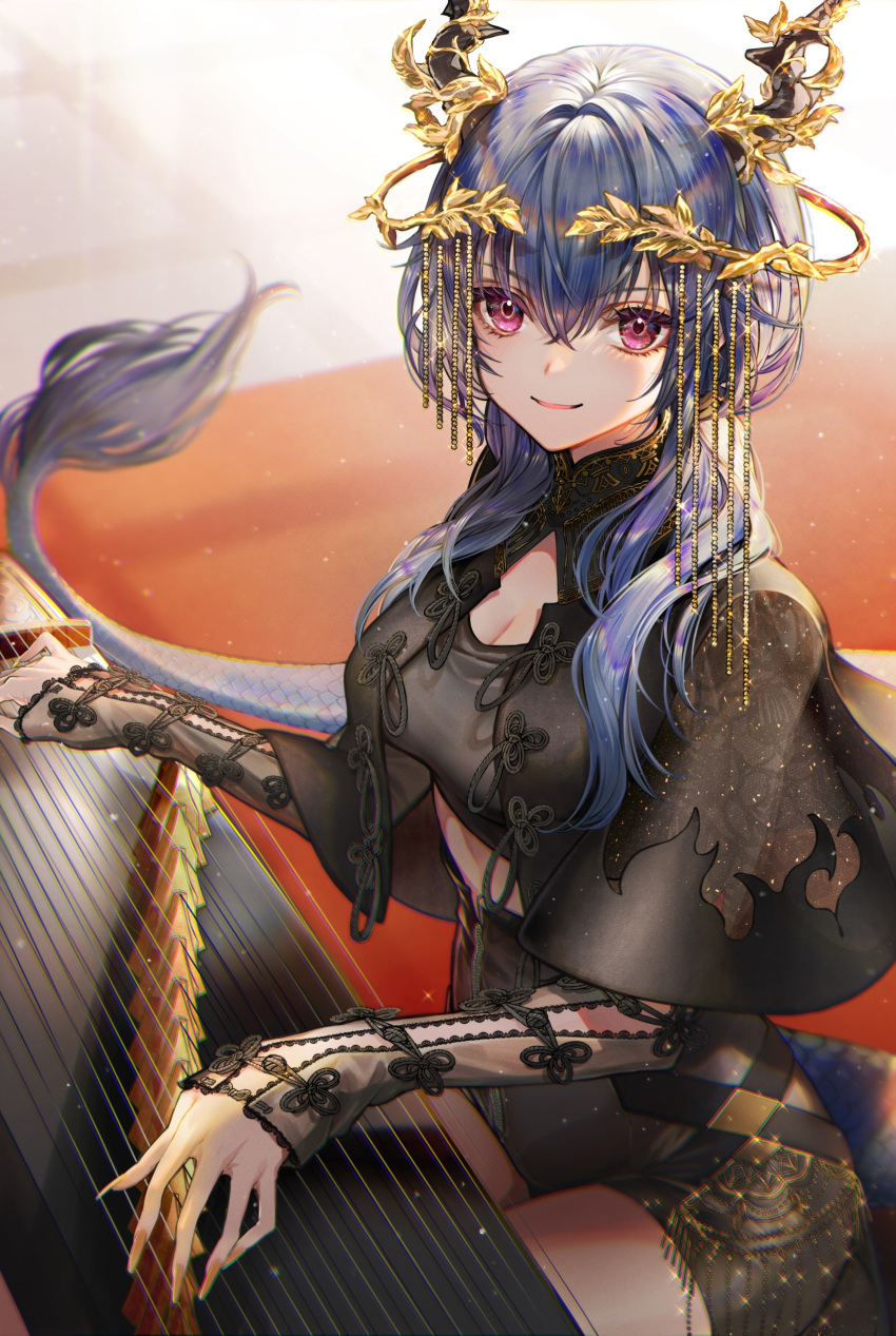 1girl absurdres ambience_synesthesia arknights black_capelet black_shirt black_shorts blue_hair capelet ch'en_(arknights) crop_top dragon_girl dragon_horns dragon_tail guqin highres horns instrument laurel_crown long_hair looking_at_viewer music pink_eyes playing_instrument shirt shorts smile solo tail tarutaru_yamaoka