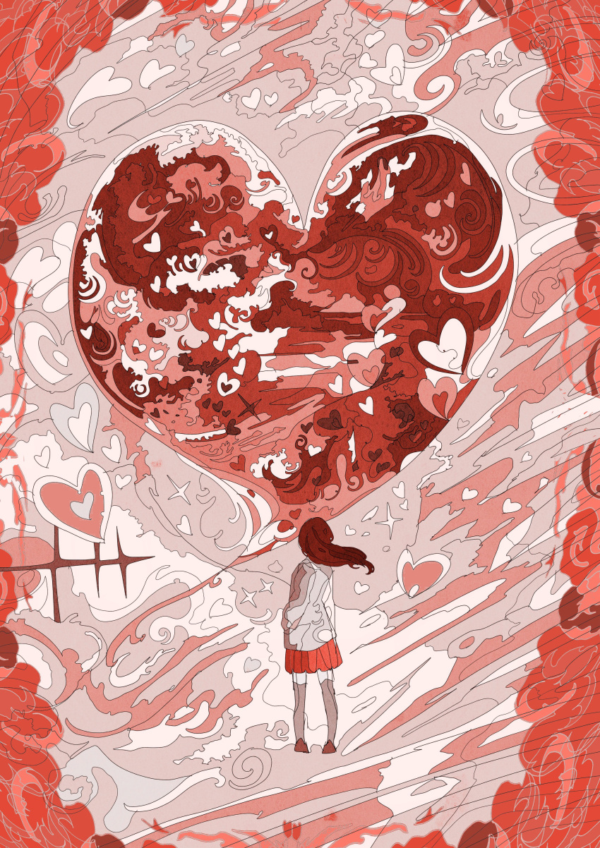 1girl absurdres black_shoes four-pointed_star from_behind full_body grey_sweater grey_thighhighs hato_(n_hat_mu) heart highres legs_apart ligne_claire long_sleeves medium_hair original pleated_skirt red_skirt red_theme skirt solo standing star_(symbol) sweater thigh-highs valentine